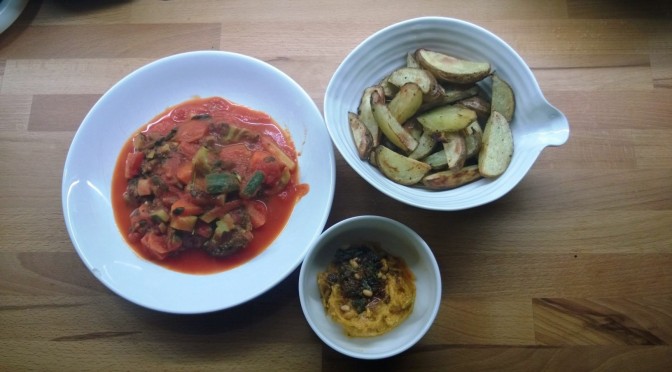 Lazy Vegan Recipe: Mexican Vegetable Stew with Butternut Dip and Spiced Wedges